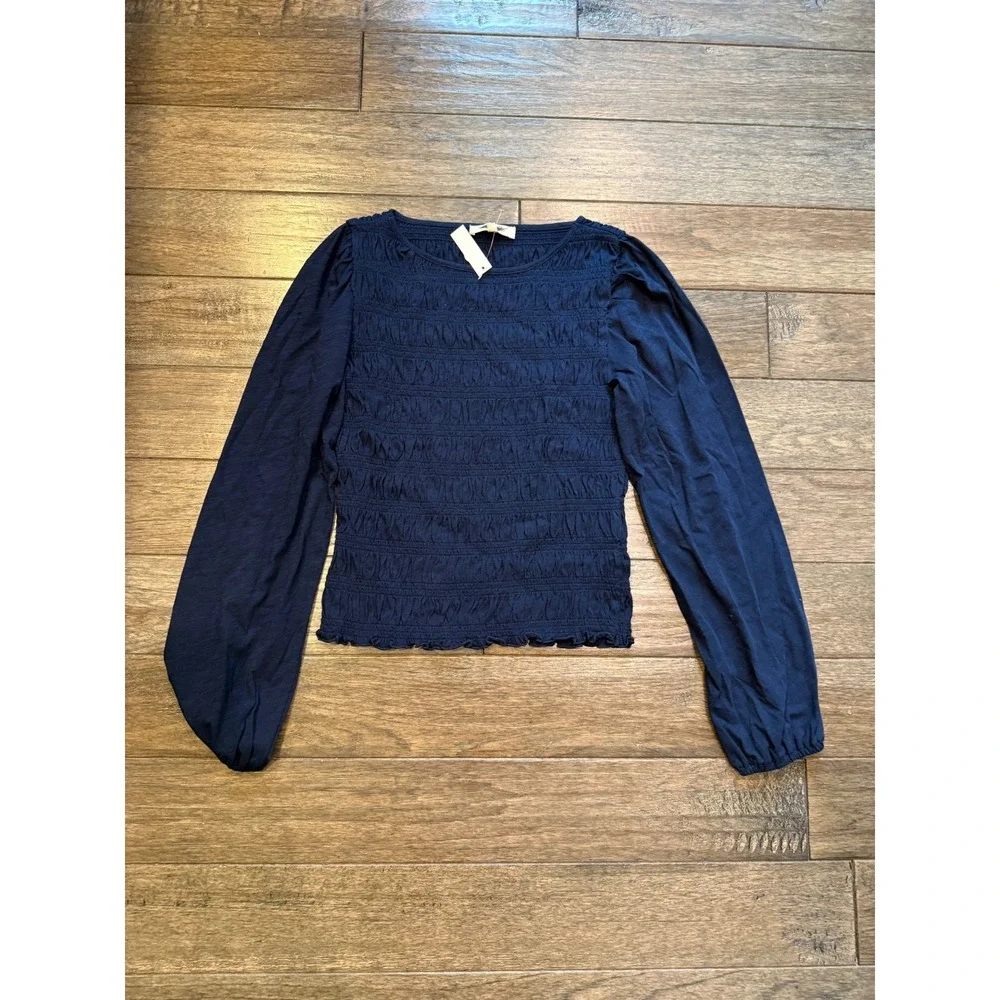Madewell Smocked Top Women XXS Navy Blue Puff Sleeve Ruched Cotton Crew Neck